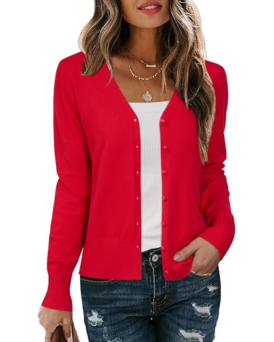 Arach&Cloz Strickjacke Damen V Ausschnitt Leichte Cardigan Langarm Solid Top Shrugs mit Knopf(Red,S) von Arach&Cloz