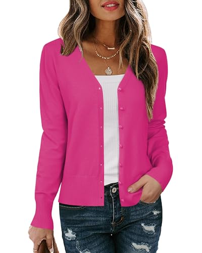 Arach&Cloz Strickjacke Damen V Ausschnitt Leichte Cardigan Langarm Solid Top Shrugs mit Knopf(Rose,M) von Arach&Cloz