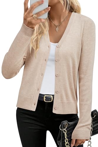 Arach&Cloz Strickjacke Damen Wolle Blend V Ausschnitt Cardigan Langarm Strickmantel Solid Strickpullover mit Knopf (A-Aprikose,M) von Arach&Cloz