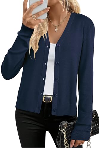Arach&Cloz Strickjacke Damen Wolle Blend V Ausschnitt Cardigan Langarm Strickmantel Solid Strickpullover mit Knopf (A-Navy,XL) von Arach&Cloz
