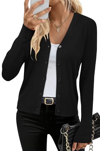 Arach&Cloz Strickjacke Damen Wolle Blend V Ausschnitt Cardigan Langarm Strickmantel Solid Strickpullover mit Knopf (A-Schwarz,M) von Arach&Cloz
