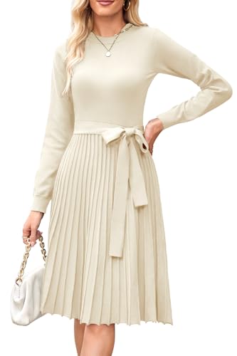 Arach&Cloz Strickkleid Damen Herbst Midi Plissee Langarm Winterkleider Rundhals Casual Herbstkleid Pulloverkleid von Arach&Cloz
