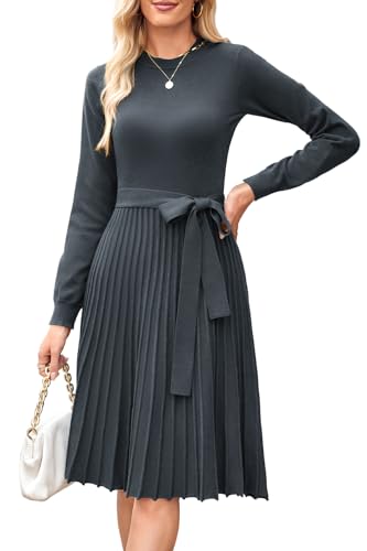 Arach&Cloz Strickkleid Damen Herbst Midi Plissee Langarm Winterkleider Rundhals Casual Herbstkleid Pulloverkleid Dunkelgrau XL von Arach&Cloz