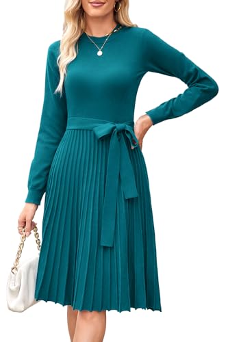 Arach&Cloz Strickkleid Damen Herbst Midi Plissee Langarm Winterkleider Rundhals Casual Herbstkleid Pulloverkleid von Arach&Cloz
