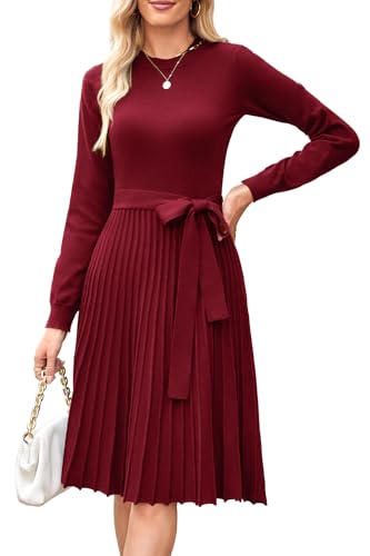 Arach&Cloz Strickkleid Damen Herbst Midi Plissee Langarm Winterkleider Rundhals Casual Herbstkleid Pulloverkleid Rot S von Arach&Cloz