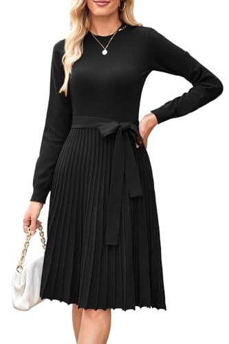 Arach&Cloz Strickkleid Damen Herbst Schwarz Midi Plissee Langarm Winterkleider Rundhals Casual Herbstkleid von Arach&Cloz