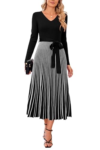 Arach&Cloz Strickkleid Damen Herbst Winterkleid Lang Gestreift V-Ausschnitt Langarm Pulloverkleid(Schwarz-Weiß,XL) von Arach&Cloz