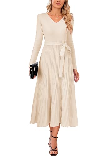 Arach&Cloz Strickkleid Damen Herbst Winterkleid Lang Plissee V-Ausschnitt Langarm Pulloverkleid Elegant Midi Kleider Winter von Arach&Cloz