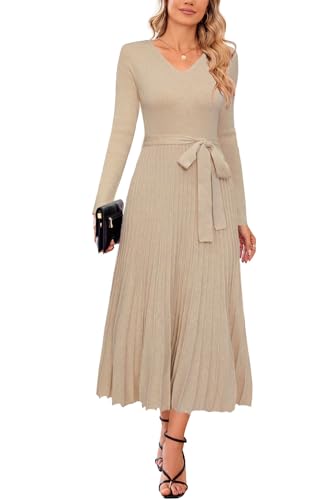 Arach&Cloz Strickkleid Damen Herbst Winterkleid Lang Plissee V-Ausschnitt Langarm Pulloverkleid Elegant Midi Kleider Winter von Arach&Cloz