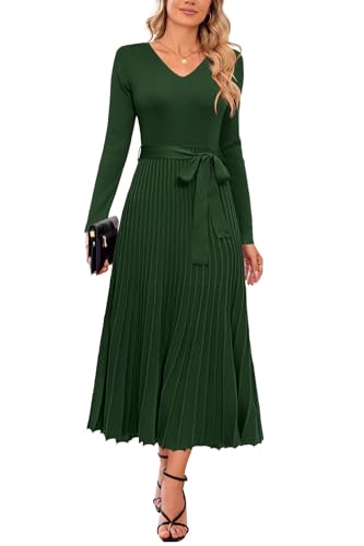 Arach&Cloz Strickkleid Damen Herbst Winterkleid Lang Plissee V-Ausschnitt Langarm Pulloverkleid Elegant Midi Kleider Winter von Arach&Cloz