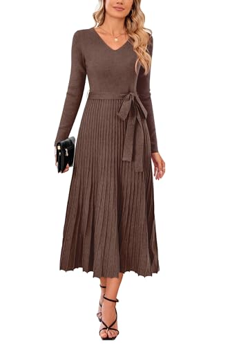 Arach&Cloz Strickkleid Damen Herbst Winterkleid Lang Plissee V-Ausschnitt Langarm Pulloverkleid Elegant Midi Kleider Winter von Arach&Cloz