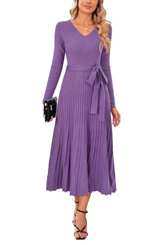 Arach&Cloz Strickkleid Damen Herbst Winterkleid Lang Plissee V-Ausschnitt Langarm Pulloverkleid Elegant Midi Kleider Winter von Arach&Cloz