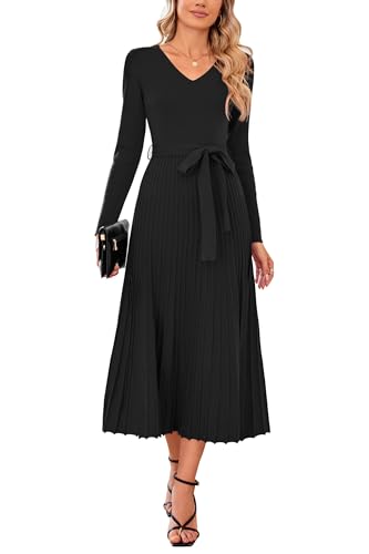 Arach&Cloz Strickkleid Damen Herbst Winterkleid Lang Plissee V-Ausschnitt Langarm Pulloverkleid Elegant Midi Kleider Winter von Arach&Cloz