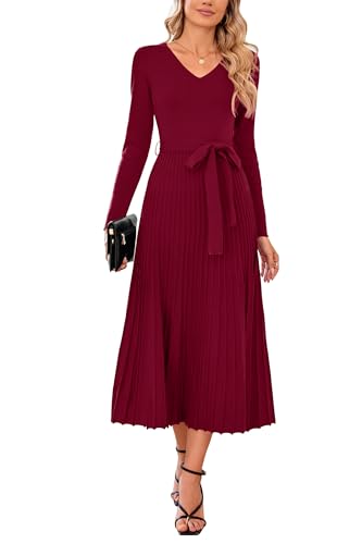 Arach&Cloz Strickkleid Damen Herbst Winterkleid Lang Plissee V-Ausschnitt Langarm Pulloverkleid Elegant Midi Kleider Winter von Arach&Cloz