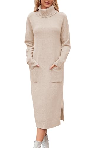 Arach&Cloz Strickkleid Damen Lang Wool Blend Winterkleid Rollkragen Pulloverkleid mit Tasche Lose Herbst Winter Kleid Apricot,M von Arach&Cloz