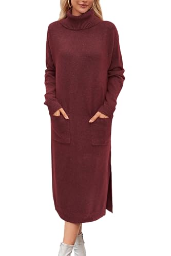 Arach&Cloz Strickkleid Damen Lang Cashmere Winterkleid Rollkragen Pulloverkleid mit Tasche Lose Herbst Winter Kleider Burgundy von Arach&Cloz