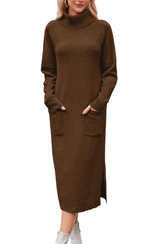 Arach&Cloz Strickkleid Damen Lang Wool Blend Winterkleid Rollkragen Pulloverkleid mit Tasche Lose Herbst Winter Kleid Chocolate,XXL von Arach&Cloz