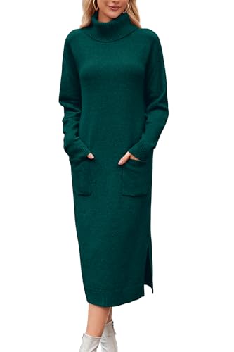 Arach&Cloz Strickkleid Damen Lang Wool Blend Winterkleid Rollkragen Pulloverkleid mit Tasche Lose Herbst Winter Kleid Green,M von Arach&Cloz