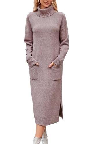 Arach&Cloz Strickkleid Damen Lang Wool Blend Winterkleid Rollkragen Pulloverkleid mit Tasche Lose Herbst Winter Kleid Purple,XL von Arach&Cloz