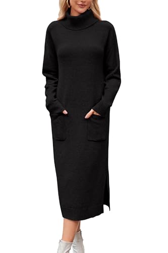 Arach&Cloz Strickkleid Damen Lang Wool Blend Winterkleid Rollkragen Pulloverkleid mit Tasche Lose Herbst Winter Kleid Schwarz,XXL von Arach&Cloz