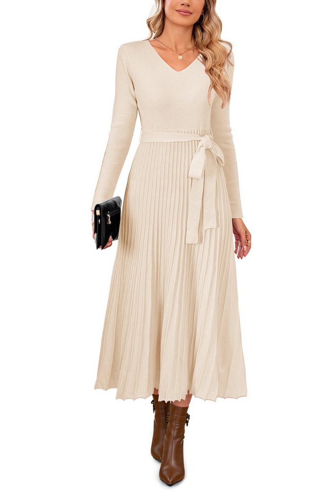 Arach&Cloz Strickkleid Damen Pulloverkleid Herbst Winterkleid Lang Plissee V-Ausschnitt Langarm Elegant Midi Kleider Winter von Arach&Cloz