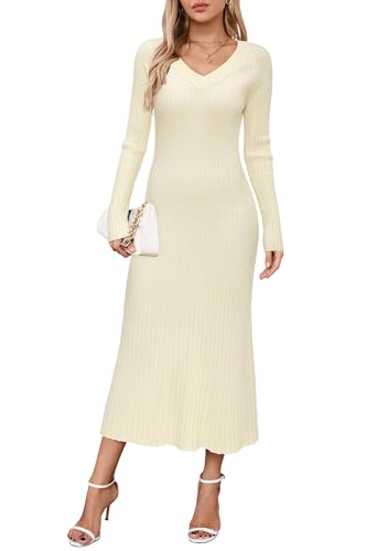 Arach&Cloz Strickkleid Damen V Ausschnitt Herbst Winterkleid Lang Pulloverkleid Bodycon Fishtail Maxi Kleid Elegant (Beige,M) von Arach&Cloz