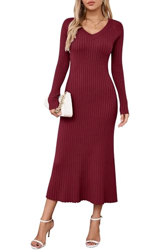 Arach&Cloz Strickkleid Damen V Ausschnitt Herbst Winterkleid Lang Pulloverkleid Bodycon Maxi Kleid Elegant Weihnachtskleid (Burgundy,L) von Arach&Cloz