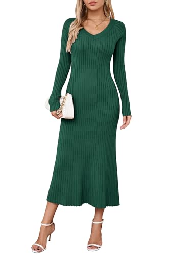 Arach&Cloz Strickkleid Damen V Ausschnitt Herbst Winterkleid Lang Pulloverkleid Bodycon Maxi Kleid Elegant Weihnachtskleid (Green,S) von Arach&Cloz