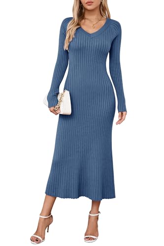Arach&Cloz Strickkleid Damen V Ausschnitt Herbst Winterkleid Lang Pulloverkleid Bodycon Fishtail Maxi Kleid Elegant (Navy,XXL) von Arach&Cloz