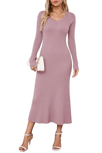 Arach&Cloz Strickkleid Damen V Ausschnitt Herbst Winterkleid Lang Pulloverkleid Bodycon Fishtail Maxi Kleid Elegant (Pink,S) von Arach&Cloz