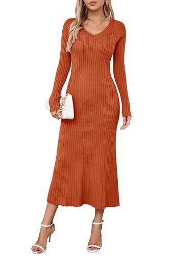 Arach&Cloz Strickkleid Damen V Ausschnitt Herbst Winterkleid Lang Pulloverkleid Bodycon Fishtail Maxi Kleid Elegant (Rust,L) von Arach&Cloz