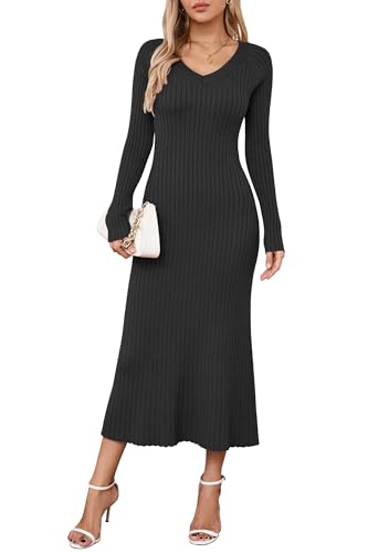 Arach&Cloz Strickkleid Damen V Ausschnitt Herbst Winterkleid Lang Pulloverkleid Bodycon Fishtail Maxi Kleid Elegant (Schwarz,XXL) von Arach&Cloz