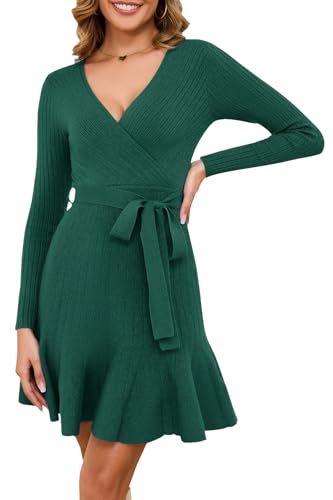 Arach&Cloz Strickkleid Damen V Ausschnitt Herbst Winterkleid Pulloverkleid Winter Party Kleider Weihnachtskleid (Green,X-Large) von Arach&Cloz