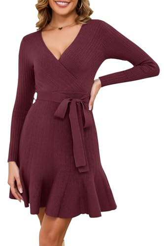 Arach&Cloz Strickkleid Damen V Ausschnitt Herbst Winterkleid Pulloverkleid Winter Party Kleider Weihnachtskleid (Red,Large) von Arach&Cloz