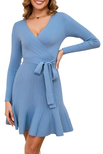 Arach&Cloz Strickkleid Damen V Ausschnitt Herbstkleid Winterkleid Pulloverkleid Herbst Winter Party Kleider (Blue,Large) von Arach&Cloz