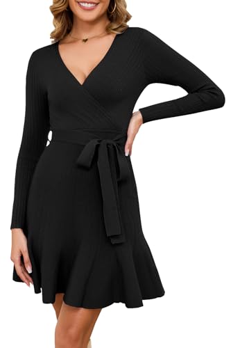 Arach&Cloz Strickkleid Damen V Ausschnitt Herbstkleid Winterkleid Pulloverkleid Herbst Winter Party Kleider (Schwarz,Medium) von Arach&Cloz