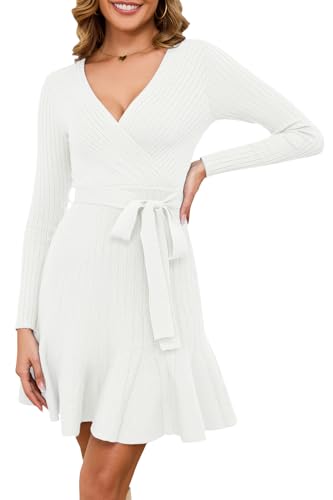 Arach&Cloz Strickkleid Damen V Ausschnitt Herbstkleid Winterkleid Pulloverkleid Herbst Winter Party Kleider (White,X-Large) von Arach&Cloz