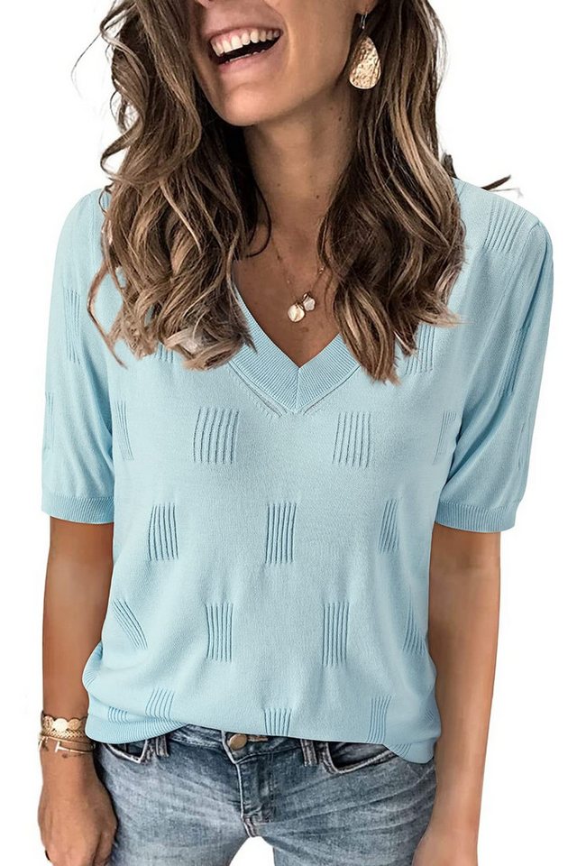 Arach&Cloz Strickpullover Arach&Cloz Damen Kuzrarm Pullover V Ausschnitt Sommer Frühling Bluse Strickpullover Basic Oberteile Strick Tops von Arach&Cloz