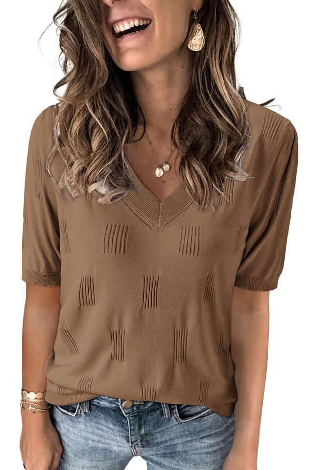 Arach&Cloz Strickpullover Arach&Cloz Damen Kuzrarm Pullover V Ausschnitt Sommer Frühling Bluse Strickpullover Basic Oberteile Strick Tops von Arach&Cloz