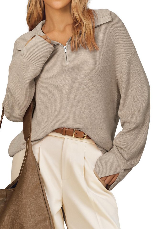 Arach&Cloz Strickpullover Pullover Damen Wolle Blend Langarm Elegant Halber Reißverschluss Polo Sweater Locker Herbst Winter Tops von Arach&Cloz