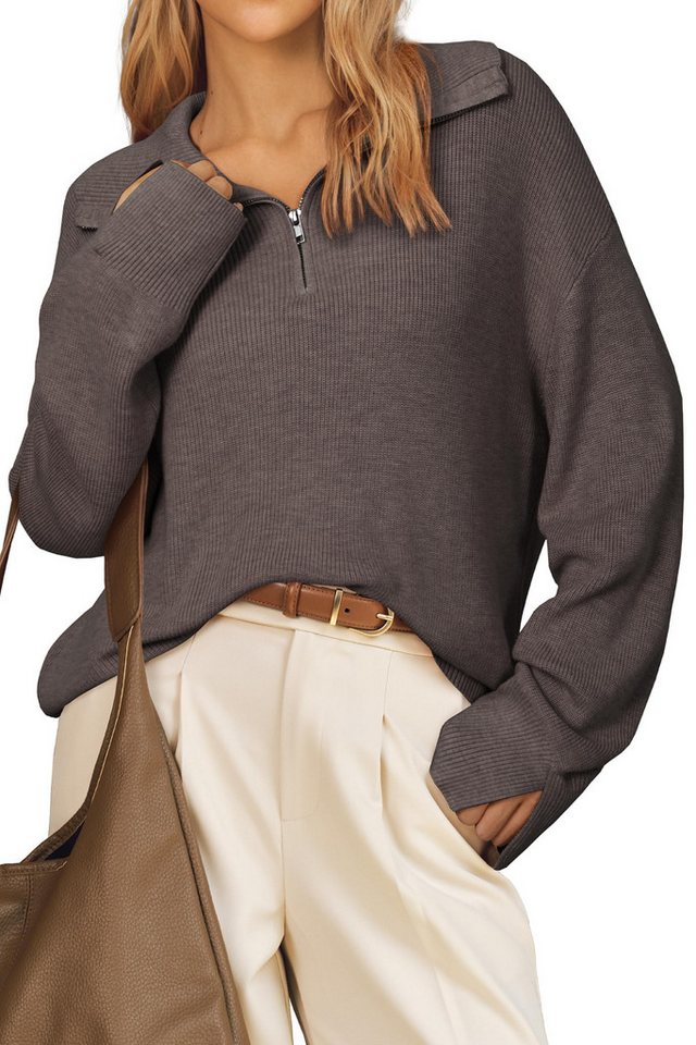 Arach&Cloz Strickpullover Pullover Damen Wolle Blend Langarm Elegant Halber Reißverschluss Polo Sweater Locker Herbst Winter Tops von Arach&Cloz