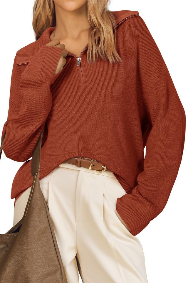 Arach&Cloz Strickpullover Pullover Damen Wolle Blend Langarm Elegant Halber Reißverschluss Polo Sweater Locker Herbst Winter Tops von Arach&Cloz