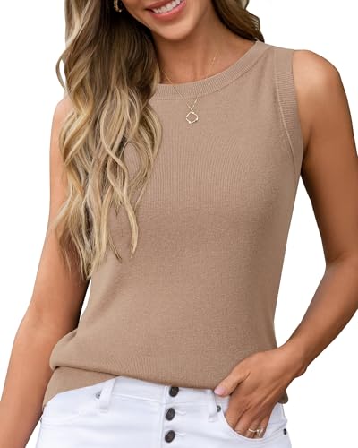Arach&Cloz Tank Top Damen Herbst Winter Ärmellose Leichte Wolle Pullover Oberteile Strick Shirt Blusen Tops(Camel, XL) von Arach&Cloz
