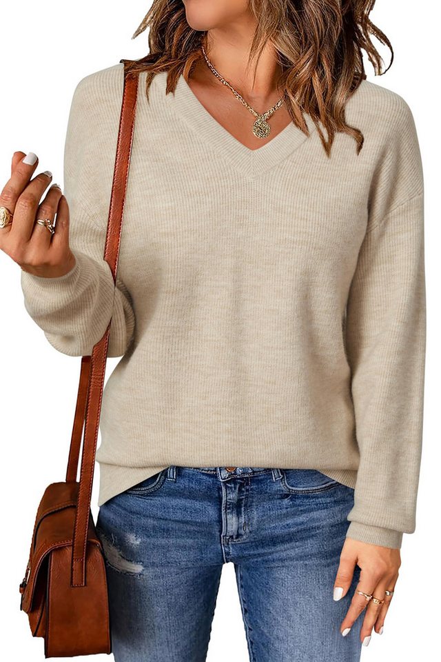 Arach&Cloz V-Ausschnitt-Pullover Damen-Pullover aus Wollmischung, Langärmliger Strickpullover Basic Sweater Leicht Locker Strickpulli Herbst Winter Warm von Arach&Cloz