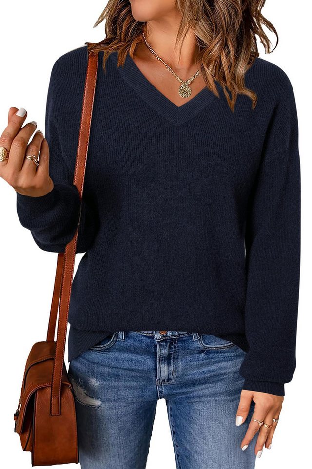 Arach&Cloz V-Ausschnitt-Pullover Damen-Pullover aus Wollmischung, Langärmliger Strickpullover Basic Sweater Leicht Locker Strickpulli Herbst Winter Warm von Arach&Cloz