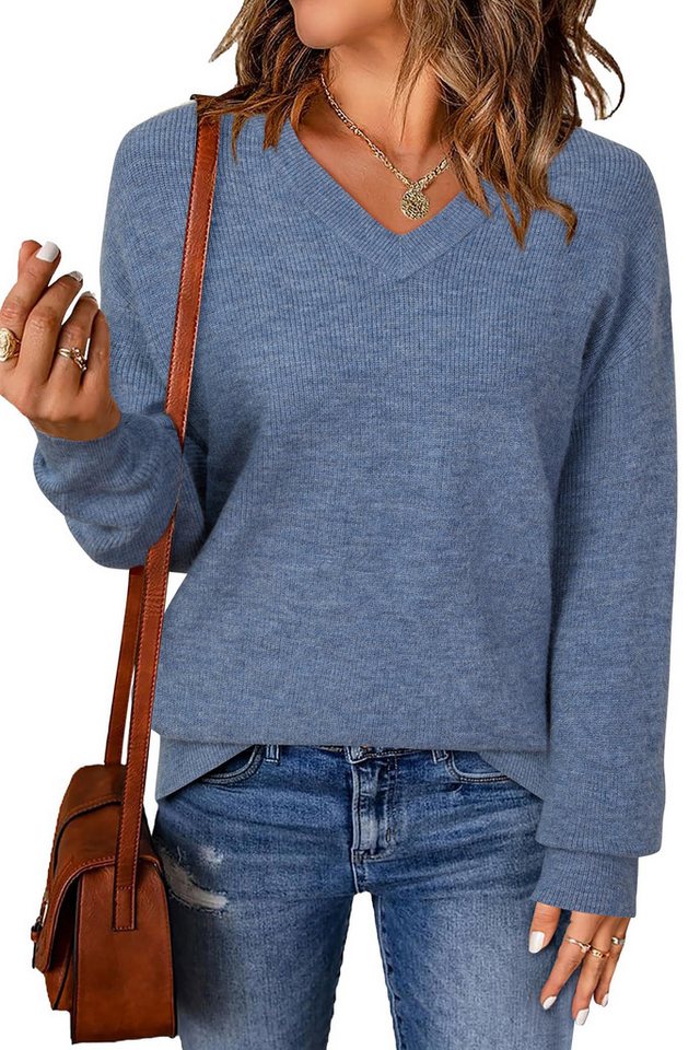 Arach&Cloz V-Ausschnitt-Pullover Damen-Pullover aus Wollmischung, Langärmliger Strickpullover Basic Sweater Leicht Locker Strickpulli Herbst Winter Warm von Arach&Cloz
