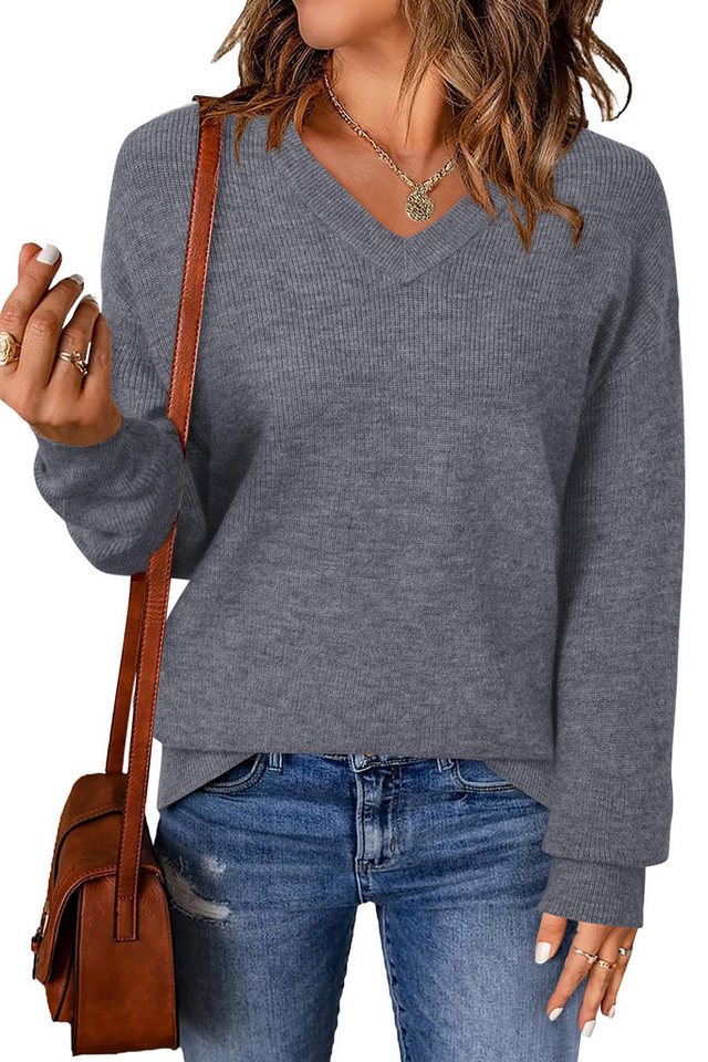 Arach&Cloz V-Ausschnitt-Pullover Damen-Pullover aus Wollmischung, Langärmliger Strickpullover Basic Sweater Leicht Locker Strickpulli Herbst Winter Warm von Arach&Cloz