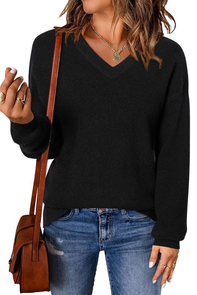 Arach&Cloz V-Ausschnitt-Pullover Damen-Pullover aus Wollmischung, Langärmliger Strickpullover Basic Sweater Leicht Locker Strickpulli Herbst Winter Warm von Arach&Cloz