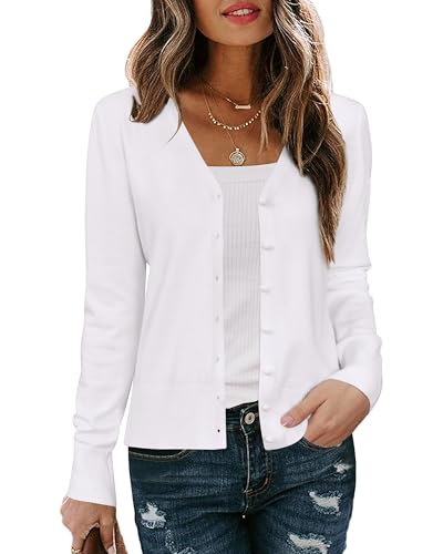 Arach&Cloz Strickjacke Damen V Ausschnitt Leichte Cardigan Weiß Langarm Solid Top Shrugs mit Knopf(White,M) von Arach&Cloz