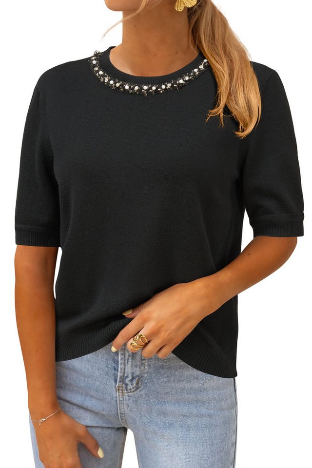 Arach&Cloz Wollpullover Arach&Cloz Damen Pullover Wollmischung Strickpullover Rundhalspullover Elegantem Freizeit Kurzarmpullover Wollpullover von Arach&Cloz